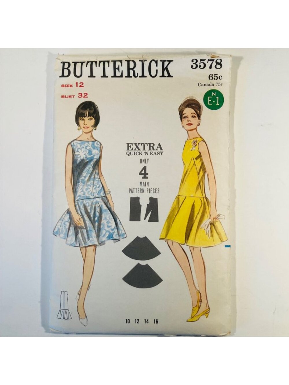 1960s Butterick 3578 Sz 12 B32 Sleeveless Dress with Drop Waist Circle Skirt CC